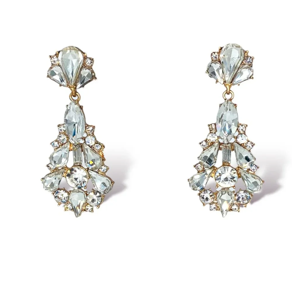 NEW Badgley Mischka Gold Crystal Drop Bridal Dangle Earrings Art Deco Chunky - Picture 3 of 6